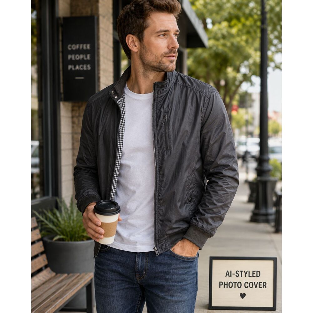 21MEN Black Lightweight Jacket Mens Zip Front Check Lining Bomber Style